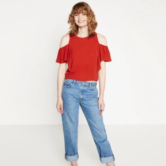 Zara Rust Cold Shoulder Flutter Sleeve Top Small - Picture 1 of 7